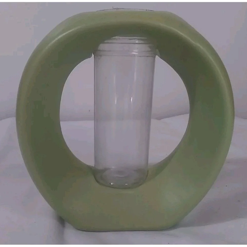 Circular Bud Vases (3) Ceramic Green Plastic Insert Art Deco MCM‎ 5 Inch